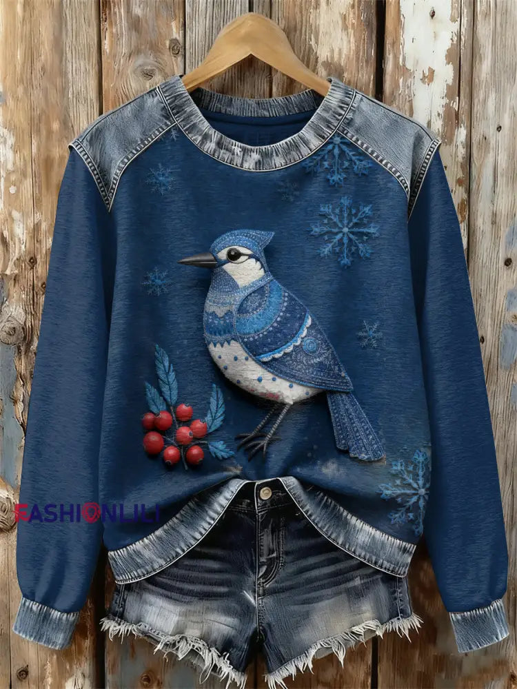 Gorgeous Christmas Bird Print Casual Long Sleeved Sweatshirt As picture / S