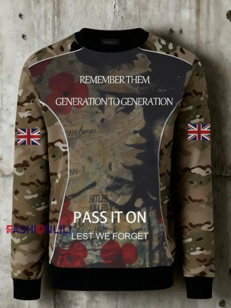 Men’s 11th November Remembrance Day LEST WE’S FORGET Poppy Remembrance Crew Neck Sweatshirt Army Green / S