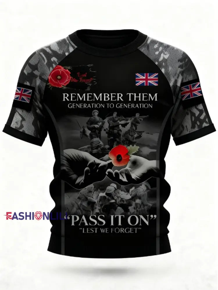 Men’s 11th November Remembrance Day LEST WE’S FORGET Poppy Remembrance T-shirt Black / S