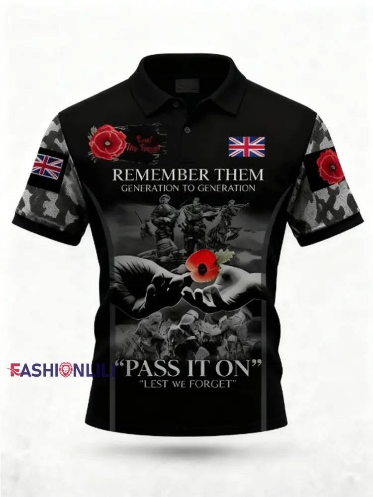 Men’s 1th November Remembrance Day LEST WE’S FORGET Poppy Remembrance polo shirt Black / S