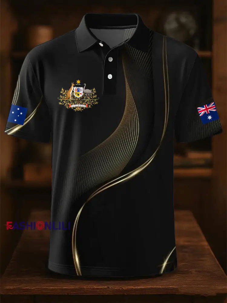 Men’s AU Flag Printed Casual Tops Black / S