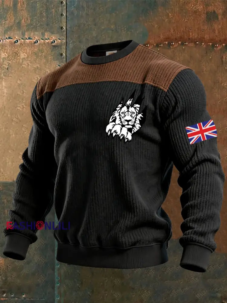 Men’s British Flag Lion Printed Casual imitation sweater Black / S