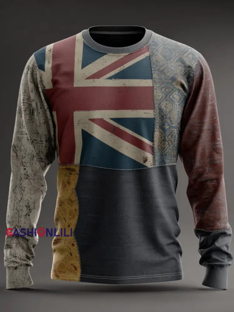 Men’s British Flag Patchwork Printed long sleeve round neck T-shirt As picture / S