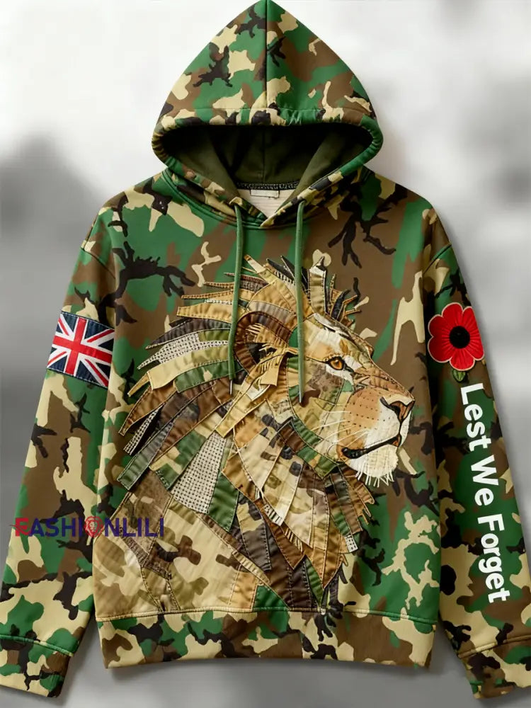 Men’s British Lion Print Drop-Shoulder Hoodie (No Pockets) As picture / S
