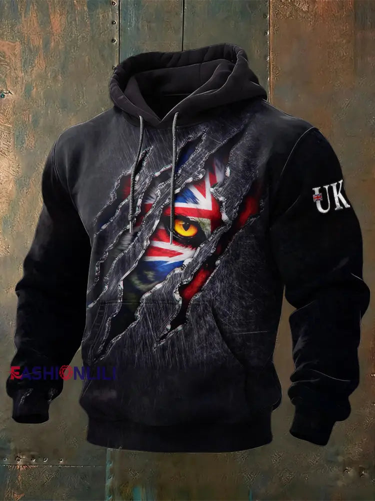Men’s British UK Flag Tiger Hooded Sweatshirt Black / S