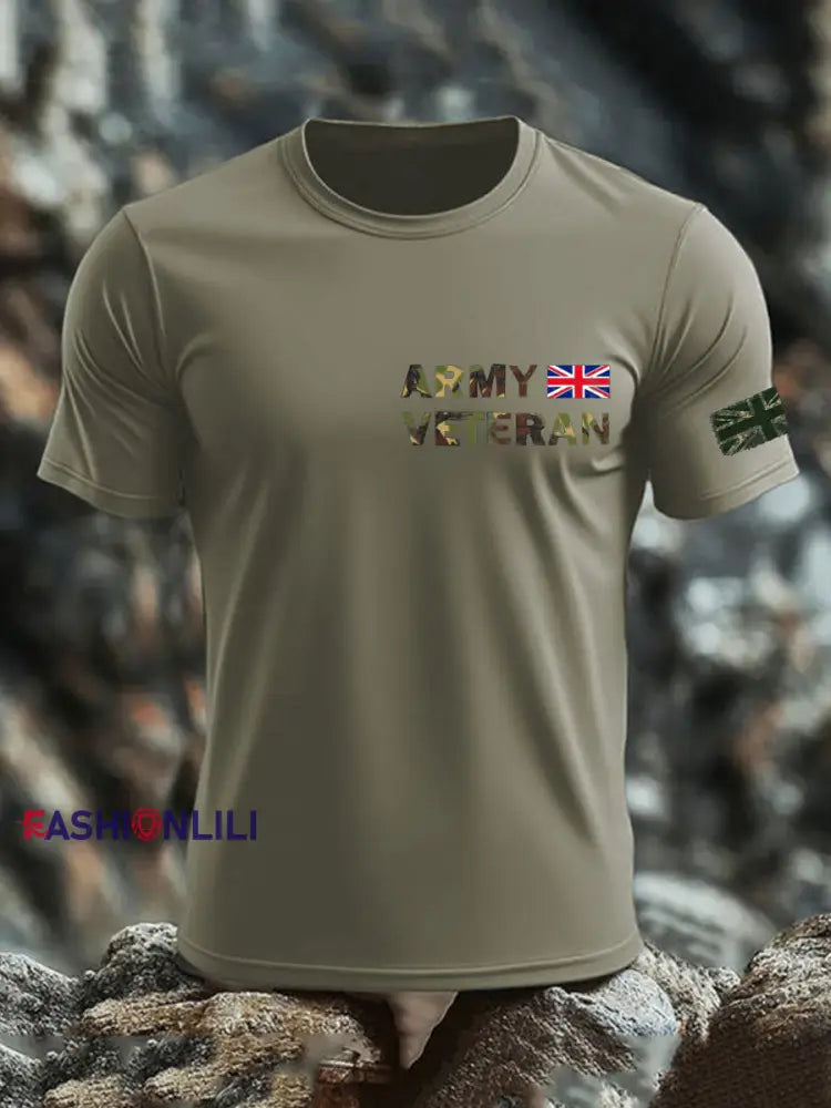 Men’s British Veteran print imitation cotton short-sleeved T-shirt Army Green / S