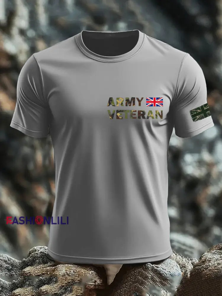 Men’s British Veteran print imitation cotton short-sleeved T-shirt Light Gray / S