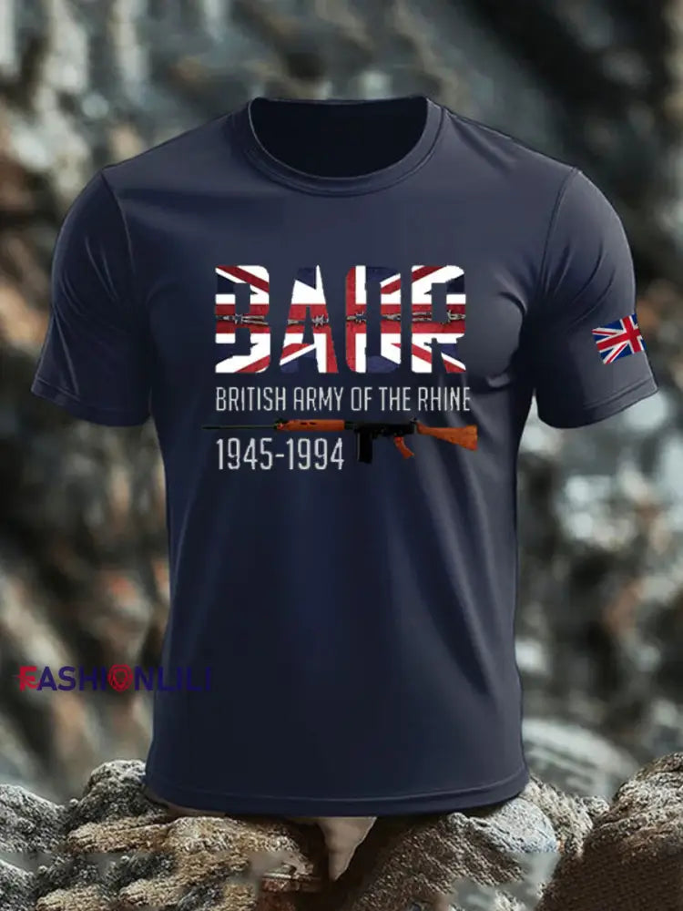 Men’s British Veteran print imitation cotton short-sleeved T-shirt Navy Blue / S