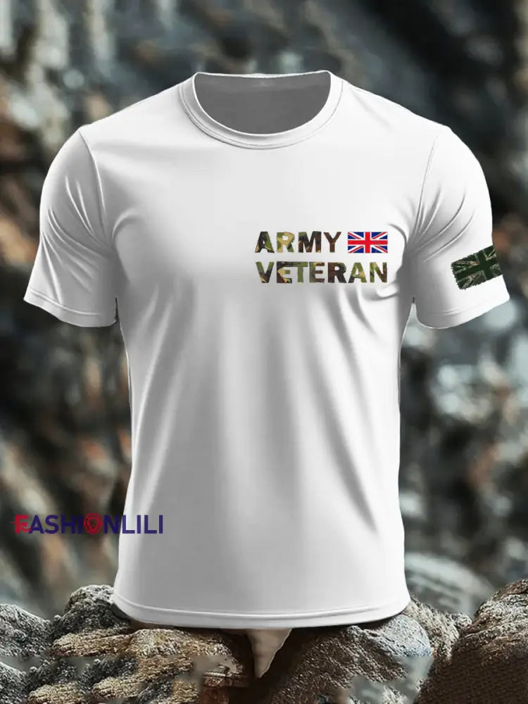 Men’s British Veteran print imitation cotton short-sleeved T-shirt White / S