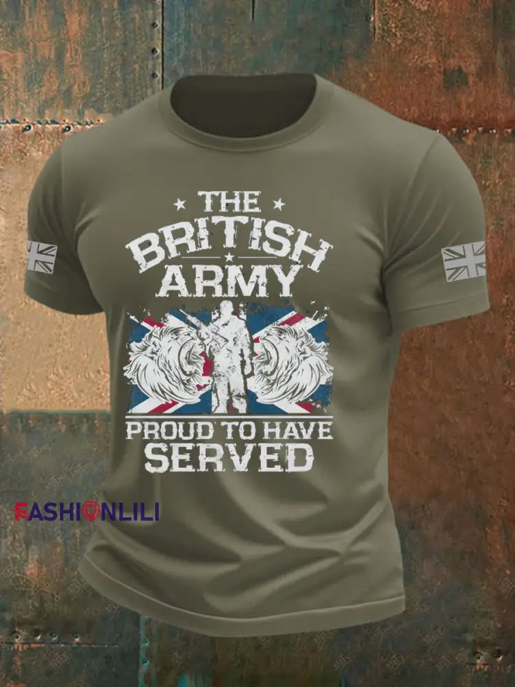 Men’s British Veteran Printed imitation cotton short sleeved T shirt Army Green / S