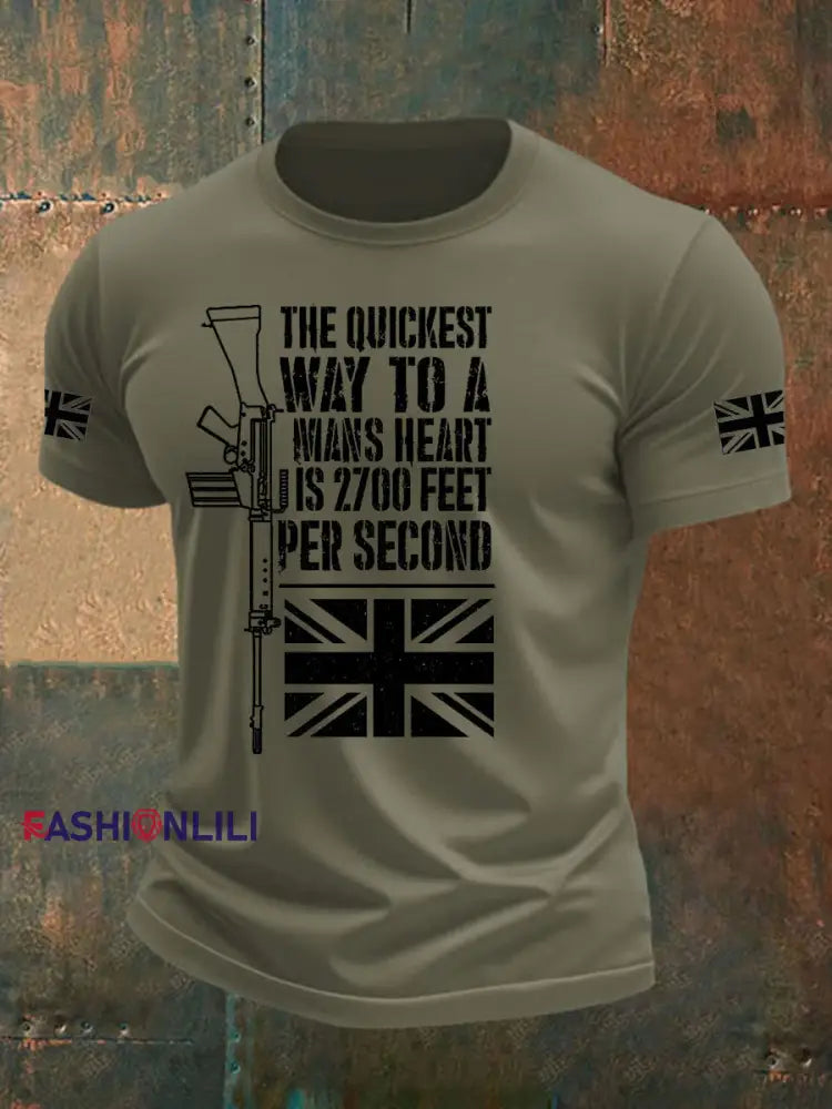 Men’s British Veteran Printed imitation cotton short sleeved T shirt Army Green / S