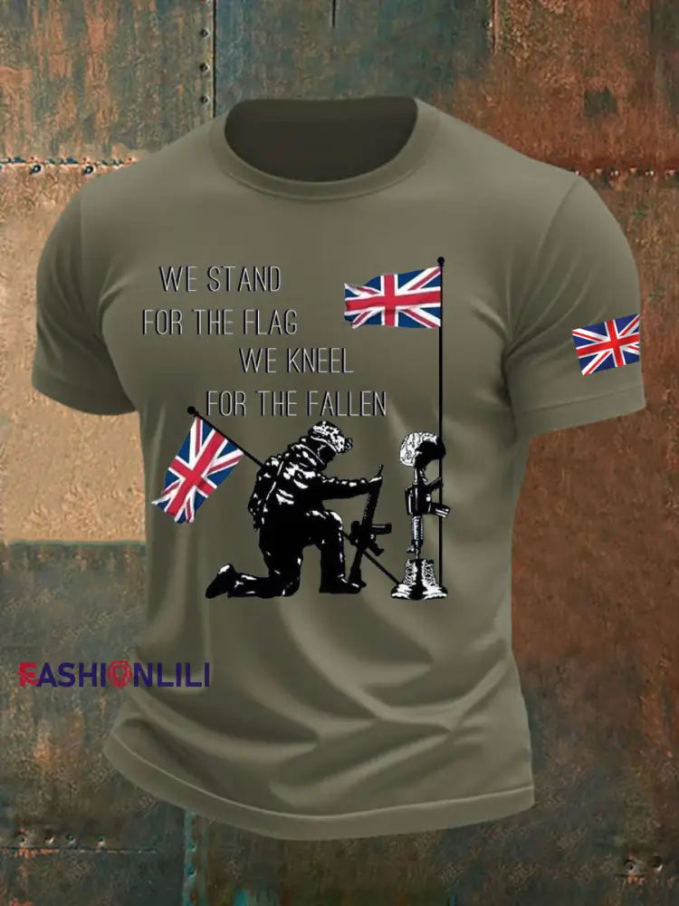 Men’s British Veteran Printed imitation cotton short sleeved T shirt Army Green / S