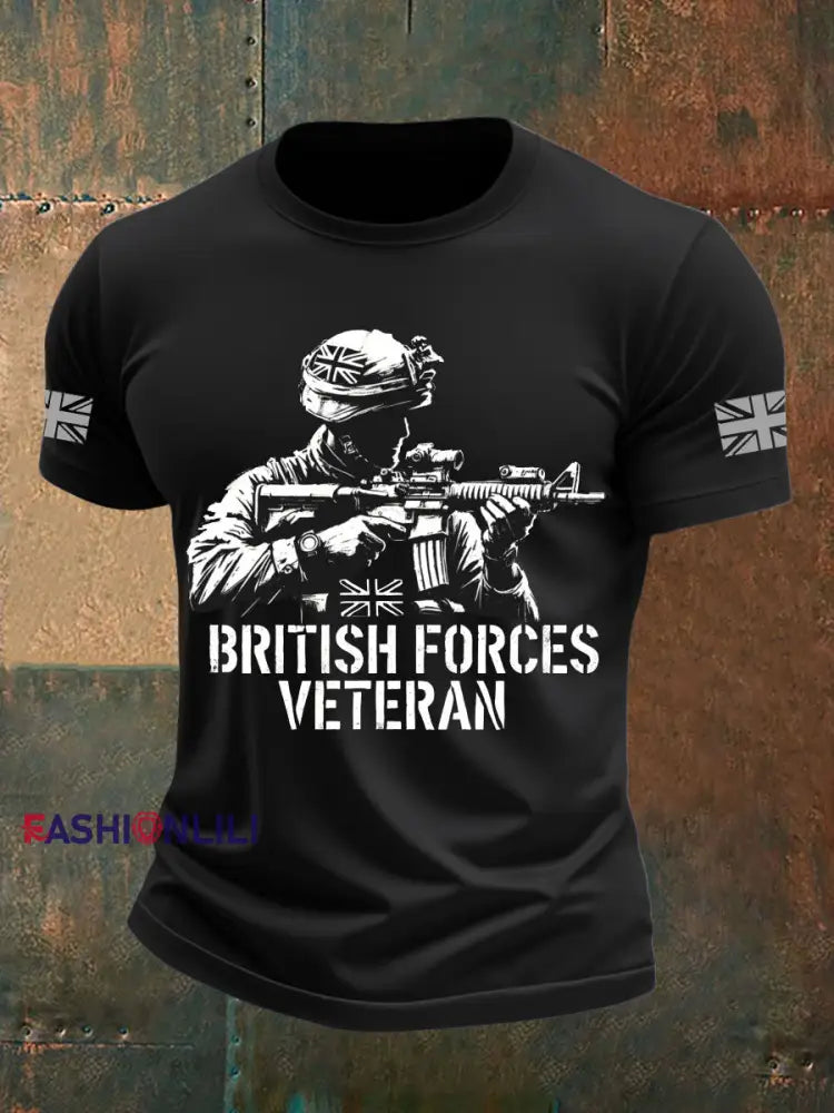Men’s British Veteran Printed imitation cotton short sleeved T shirt Black / S