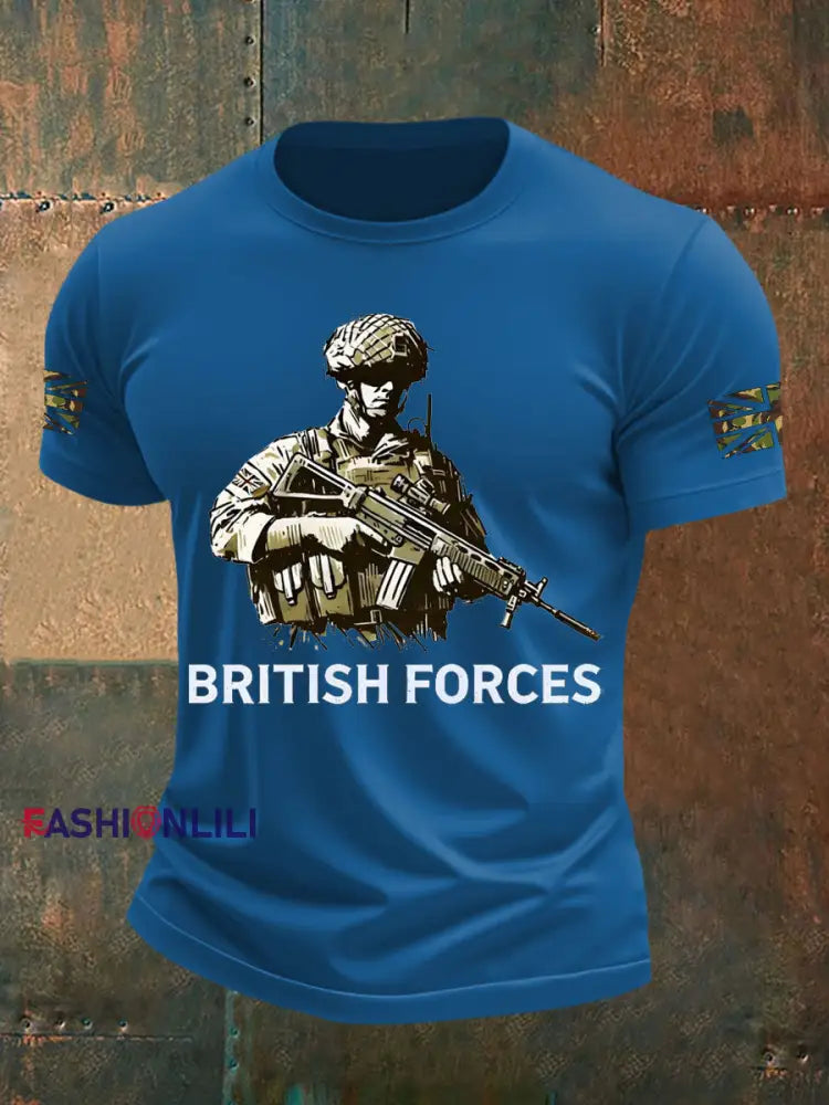 Men’s British Veteran Printed imitation cotton short sleeved T shirt Blue / S