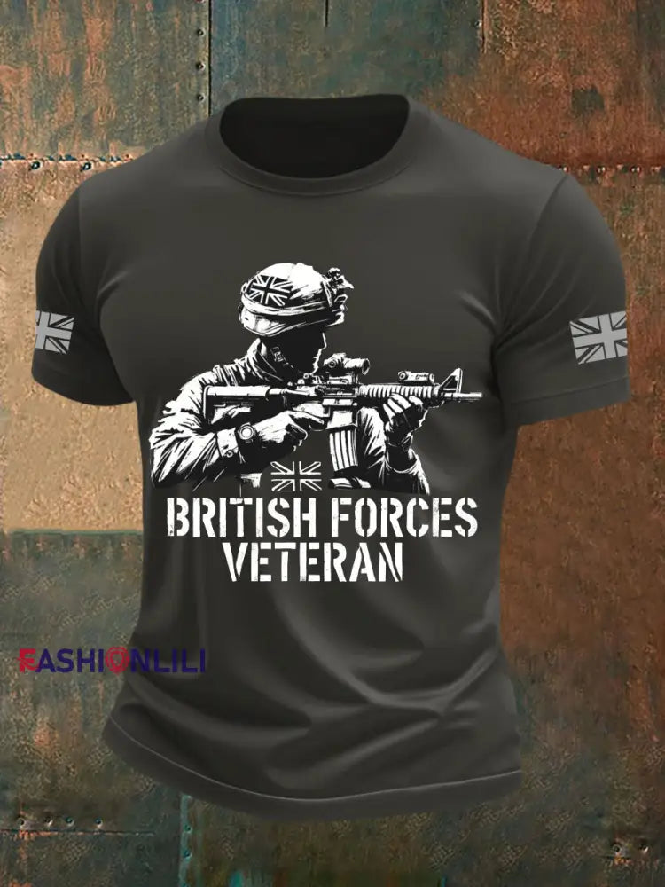 Men’s British Veteran Printed imitation cotton short sleeved T shirt Dark Gray / S