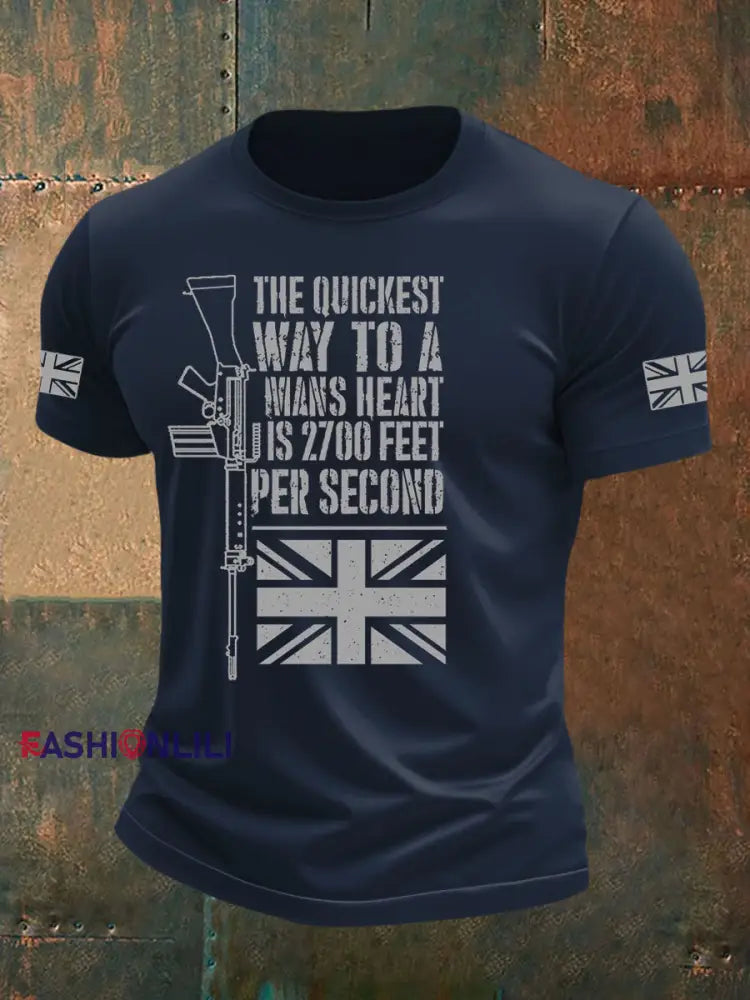 Men’s British Veteran Printed imitation cotton short sleeved T shirt Navy Blue / S