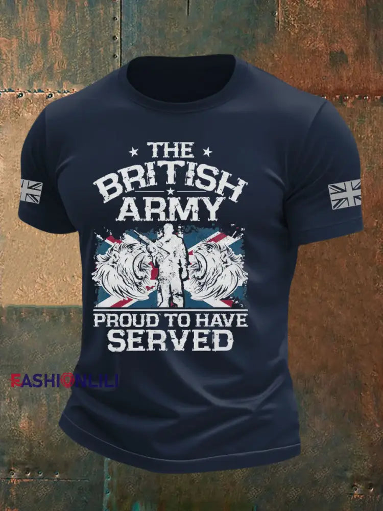 Men’s British Veteran Printed imitation cotton short sleeved T shirt Navy Blue / S