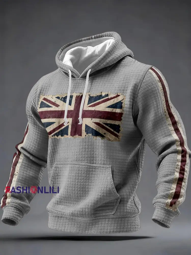 Men’s British vintage flag print Checkered Cotton Hoodie Gray / S