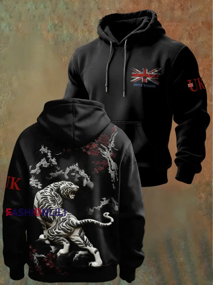 Men’s British White Tiger Casual Hooded Sweatshirt Black / S