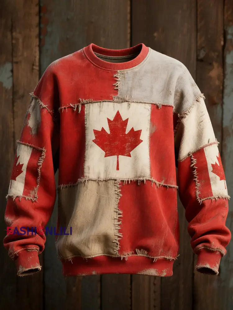 Men’s Canadian Flag Patchwork Art Vintage Sweatshirt As picture / S