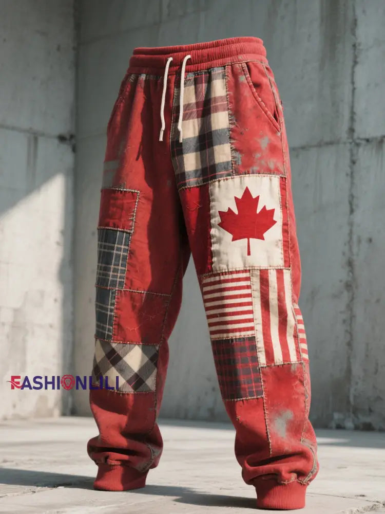 Men’s Canadian Inspired Patchwork Art Casual Pants Red / S
