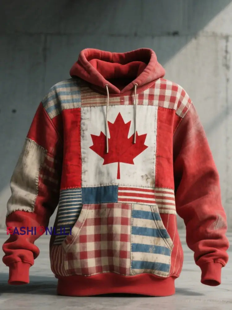 Men’s Canadian Inspired Patchwork Art Hoodie Red / S