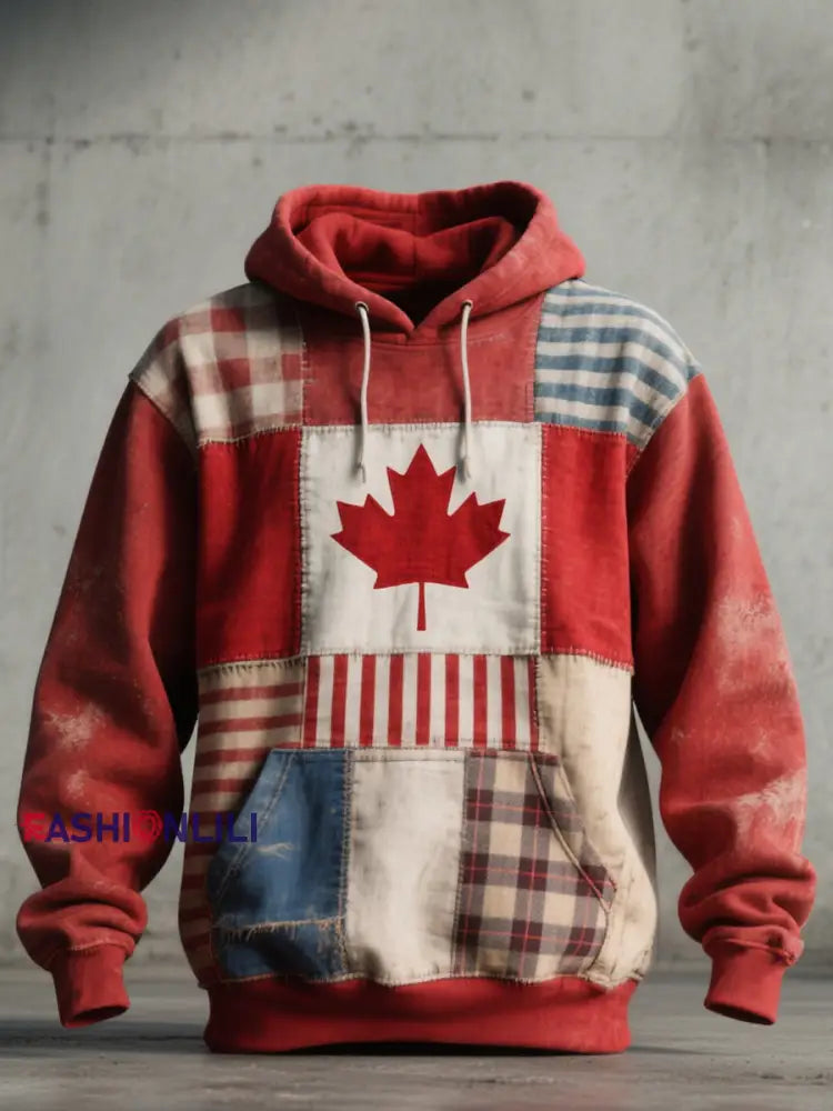 Men’s Canadian Inspired Patchwork Art Vintage Hoodie Red / S
