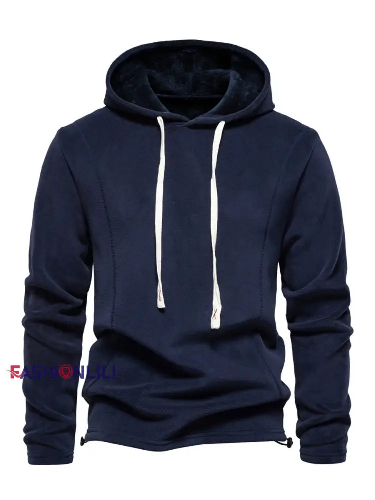 Men’s Casual Solid Color Polar Fleece Hoodie Navy Blue / S