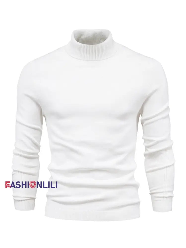 Men’s Casual Solid Color Turtleneck Knitted Sweater White / S