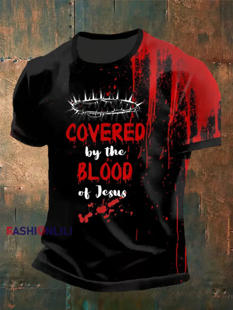 Men’s Covered By The Blood of Jesus Print short sleeves t-shirt Black / S