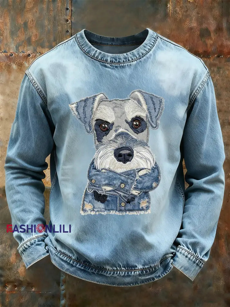 Men’s Denim Animal Printed Long Sleeved Round Neck Sweatshirts Light Blue / S