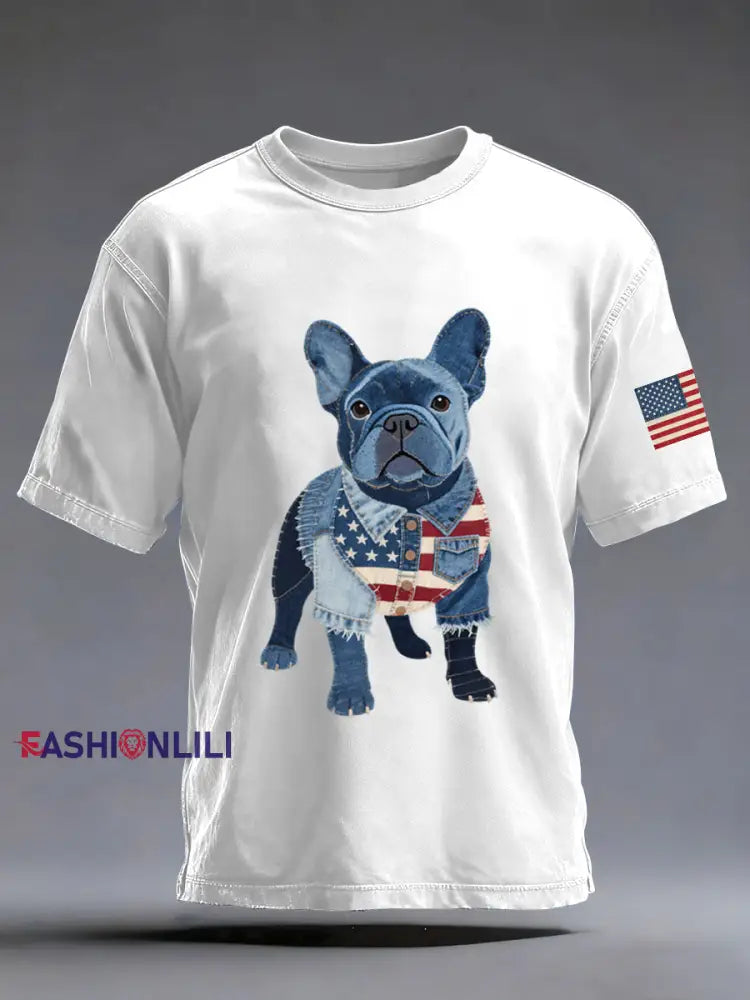Men’s Denim Patchwork Art French Bulldog Pattern Washed T-Shirt White / S