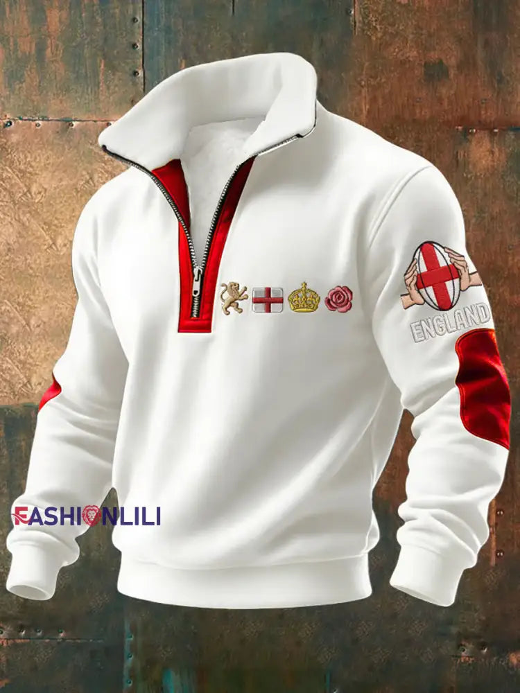 Men’s England Rugby Lover Printed Plush Stand Collar Shirt White / S