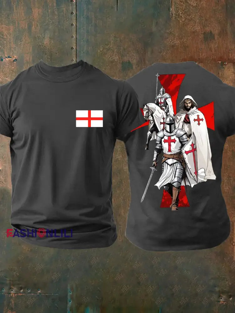 Men’s English Crusaders Printed imitation cotton short sleeved T shirt Dark Gray / S