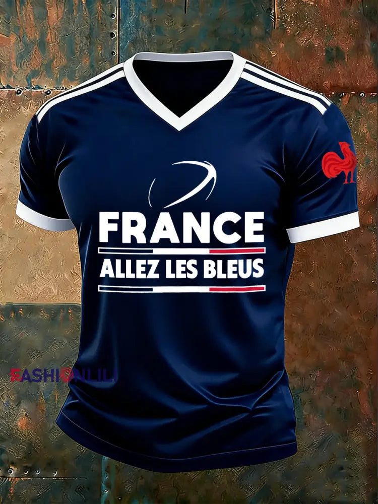 Men’s France Rugby Allez Les Bleus V-neck T-shirt Navy Blue / S