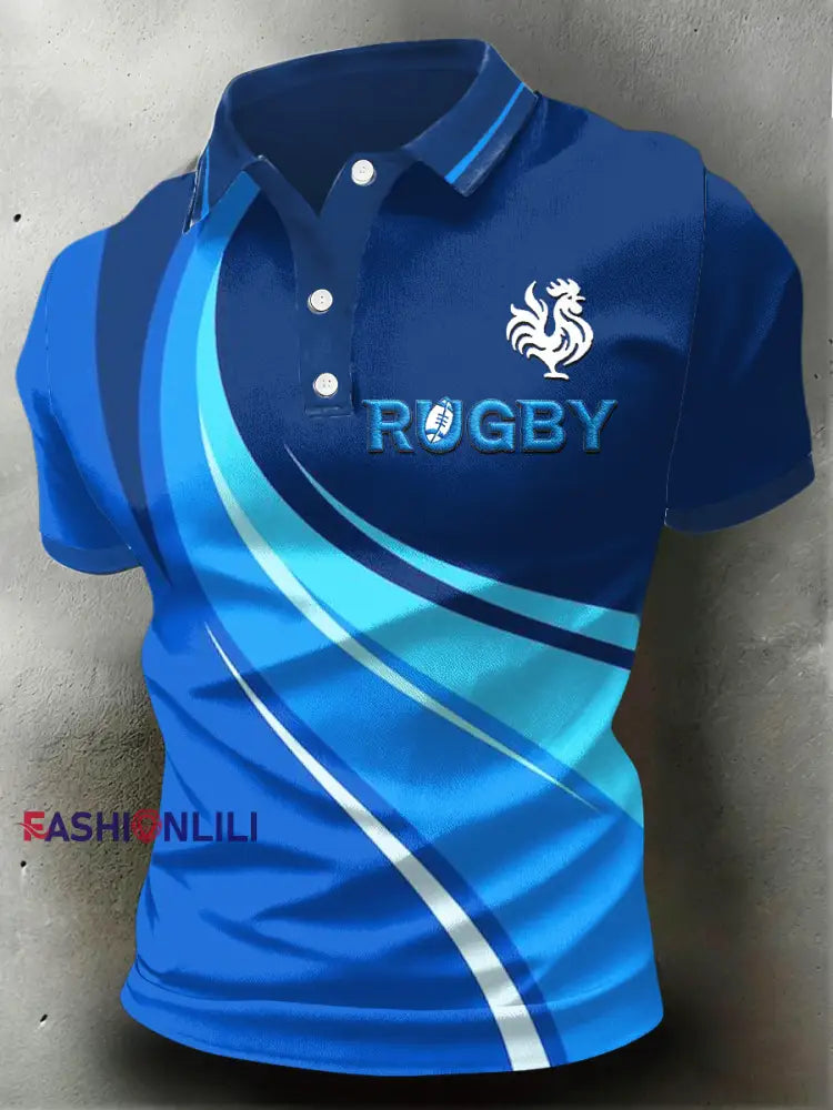 Men’s French Rugby Print Blue Polo Shirt Blue / S