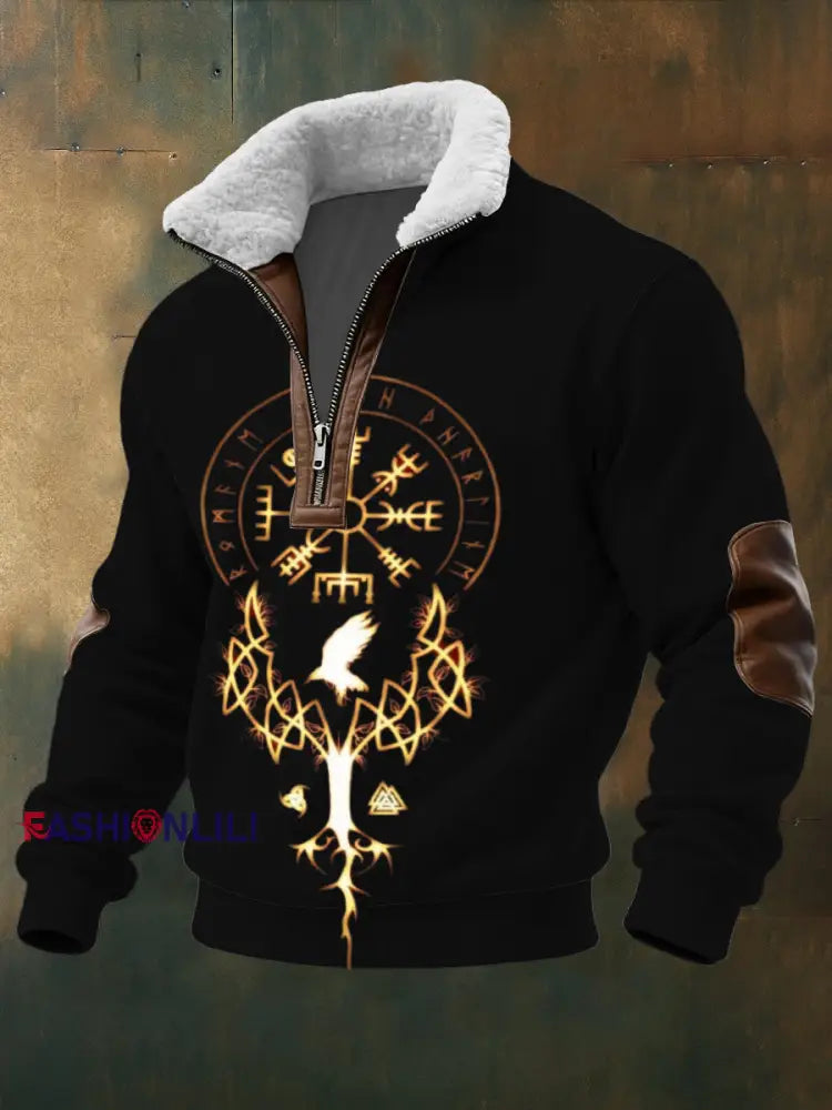 Men’s Glowing Norse Tree & Rune Print Sherpa - Lined Zip Sweatshirt Multicolour / S