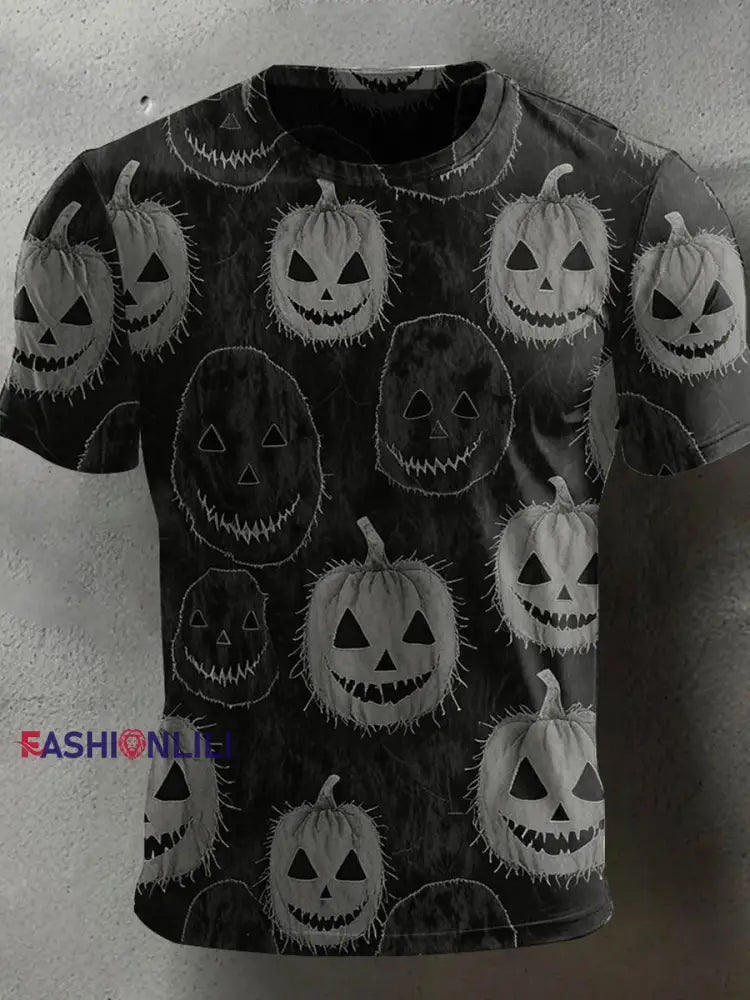 Men’s Halloween Spooky Jack-O-Lantern Face Print Casual Tee