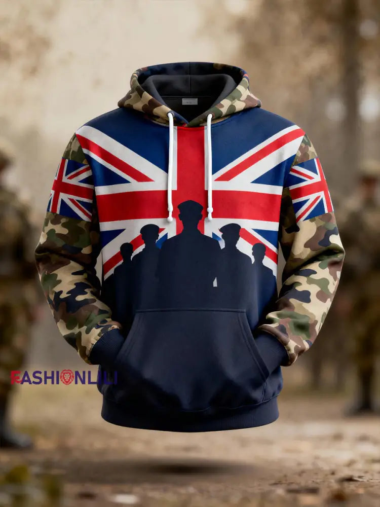 Men’s Lest We Forgrt UK Flag Veterans Print Casual Hoodie Navy Blue / S