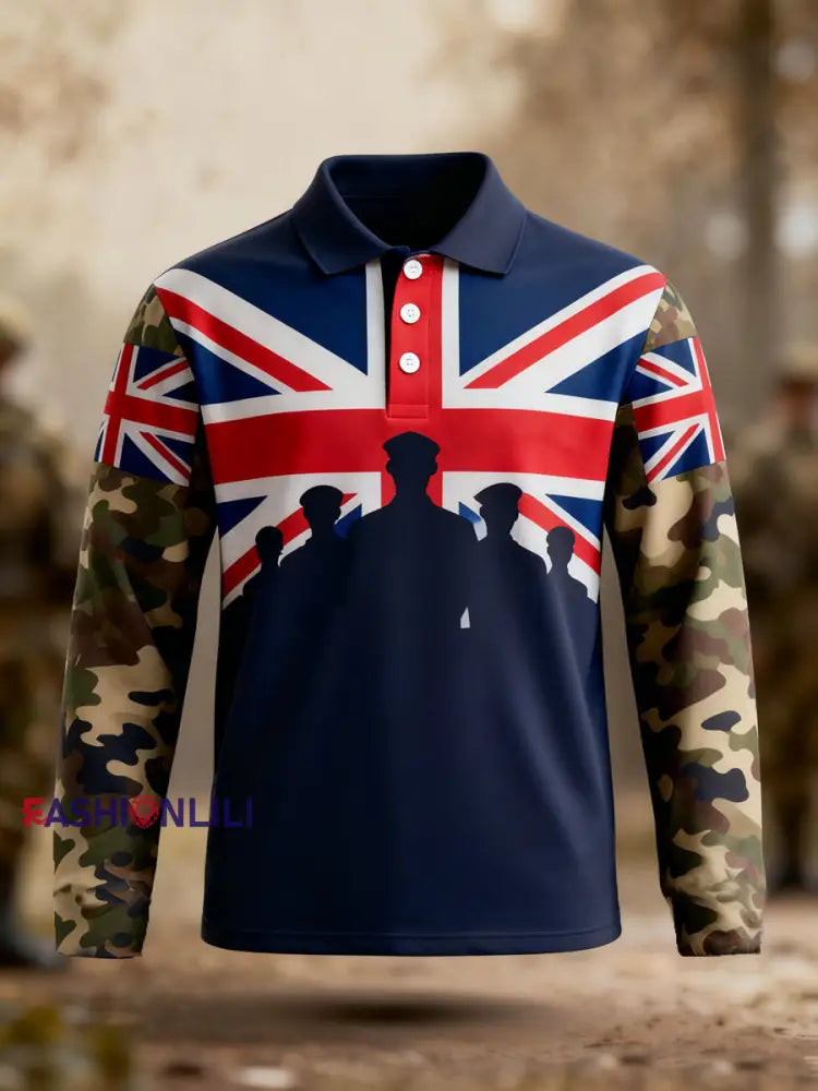 Men’s Lest We Forgrt UK Flag Veterans Print Casual Long Sleeve Top Navy Blue / S