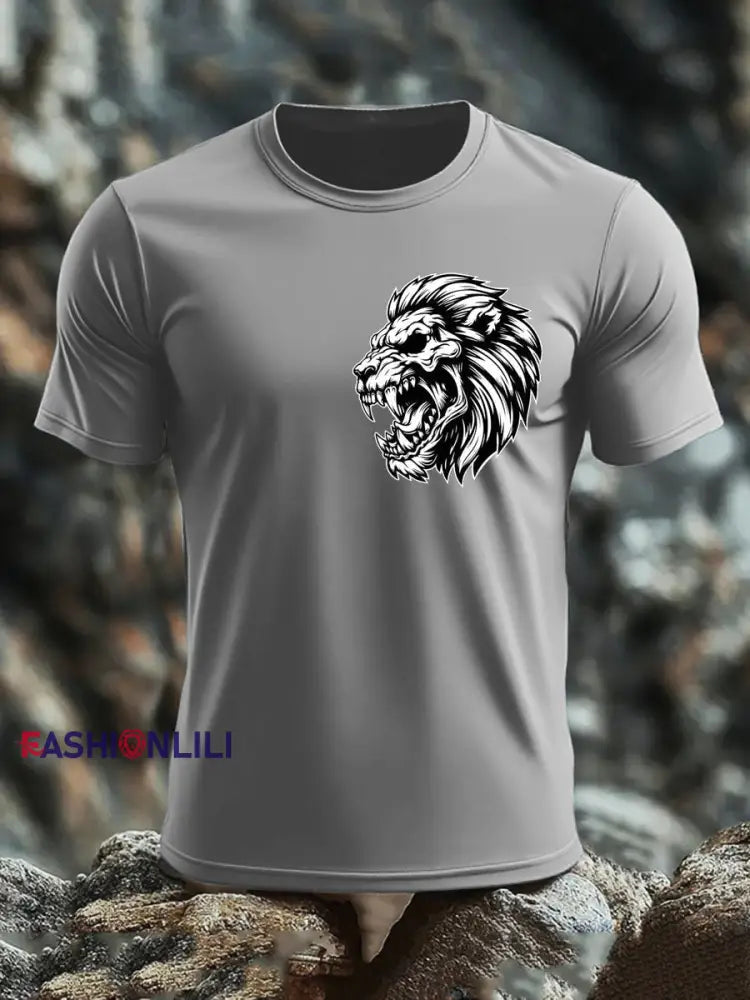 Men’s Lion Head Print imitation cotton short-sleeved T-shirt Light Gray / S