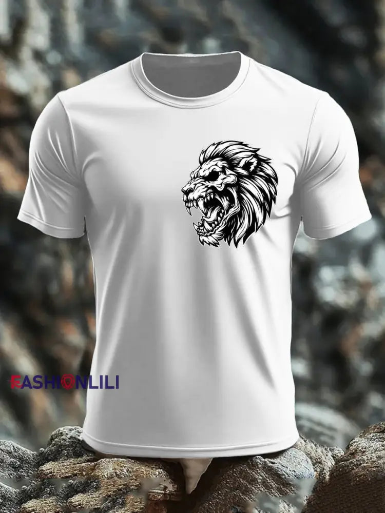 Men’s Lion Head Print imitation cotton short-sleeved T-shirt White / S