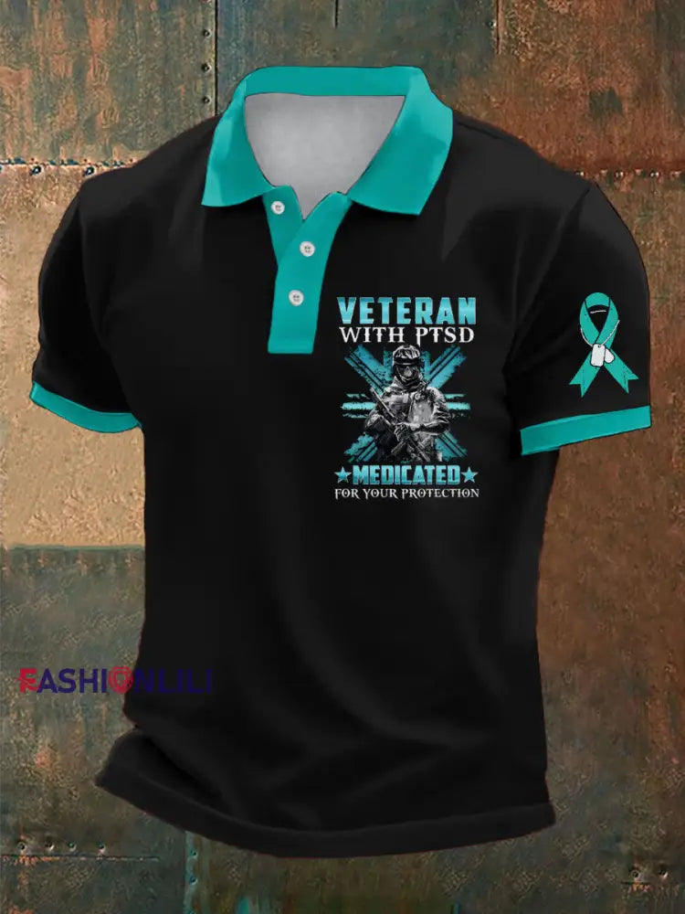 Men’s PTSD Awareness Veteran Printed Casual Tops Black / S
