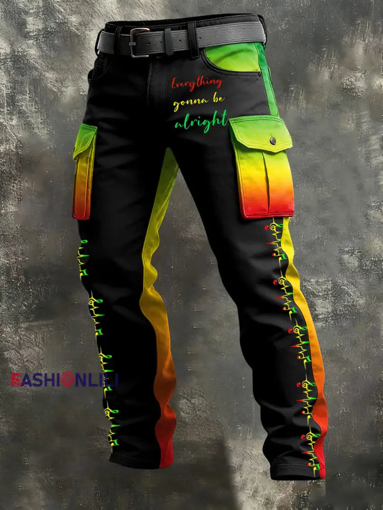 Men’s Reggae Print Retro Art Casual Workwear Trousers Black / S