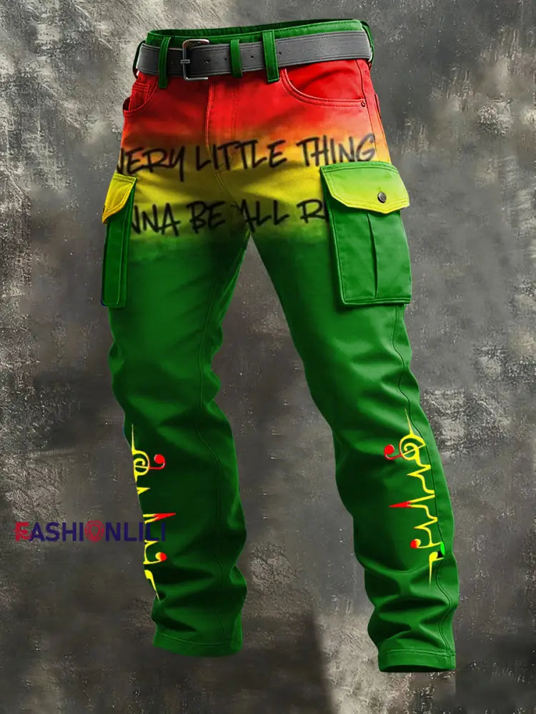 Men’s Reggae Print Retro Art Casual Workwear Trousers Green / S