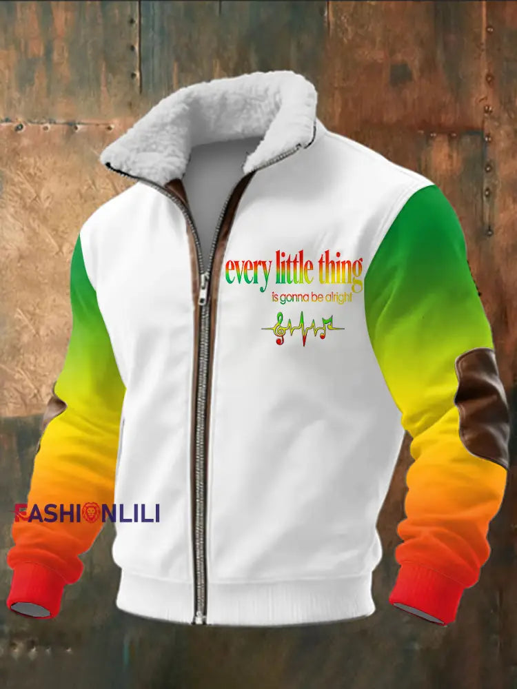 Men’s Reggae Printed Long Sleeved Stand Up Collar Lambhair Zipper Top White / S