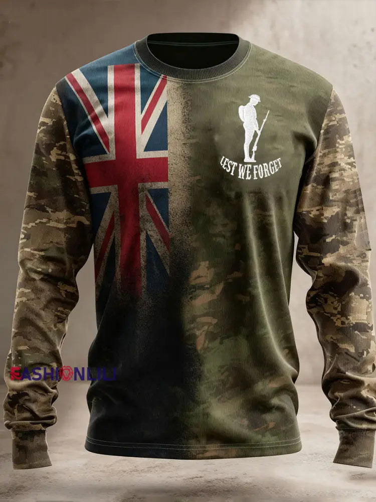 Men’s Remembrance Day Lest We Forget Camouflage Long Sleeve Round Neck T-shirt Army Green / S