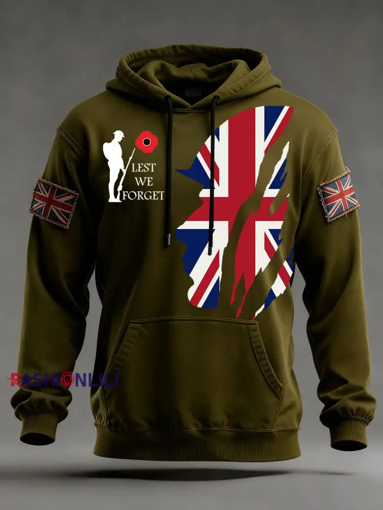 Men’s Remembrance Day Lest We Forget Oversized Drop-Shoulder Hoodie With Pockets Army Green / S