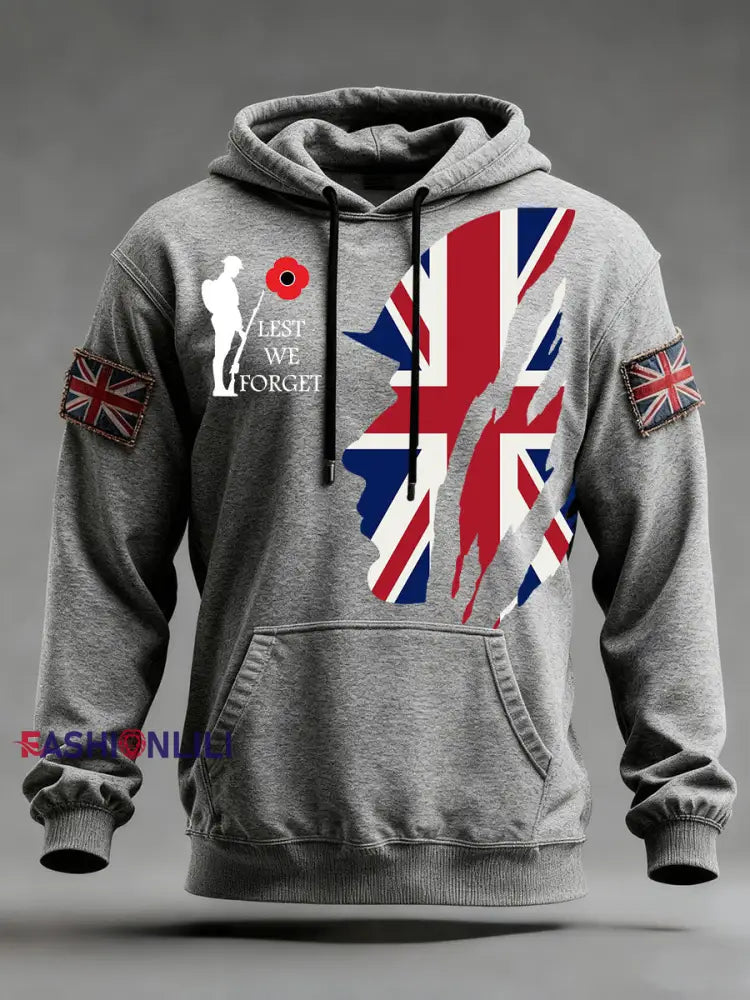 Men’s Remembrance Day Lest We Forget Oversized Drop-Shoulder Hoodie With Pockets Gray / S