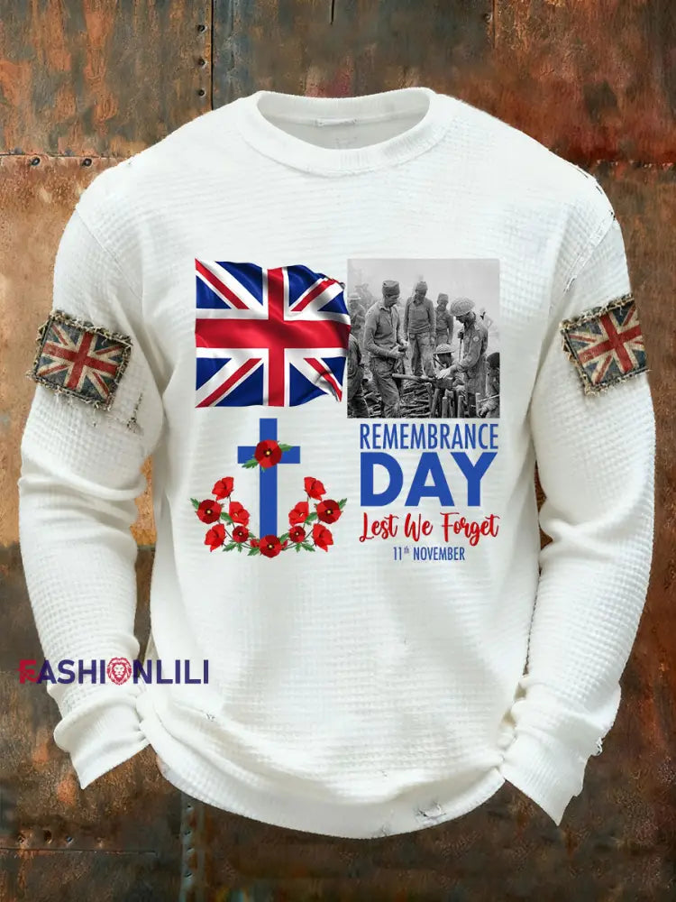 Men’s Remembrance Day Lest We Forget Waffle Long Sleeve T-Shirt White / S